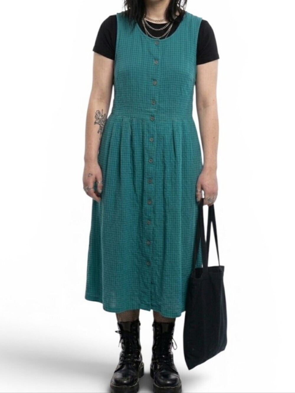 Vintage Fads Checkered Pleated Buttoned Midi Sundress Forest Green/Black Medium